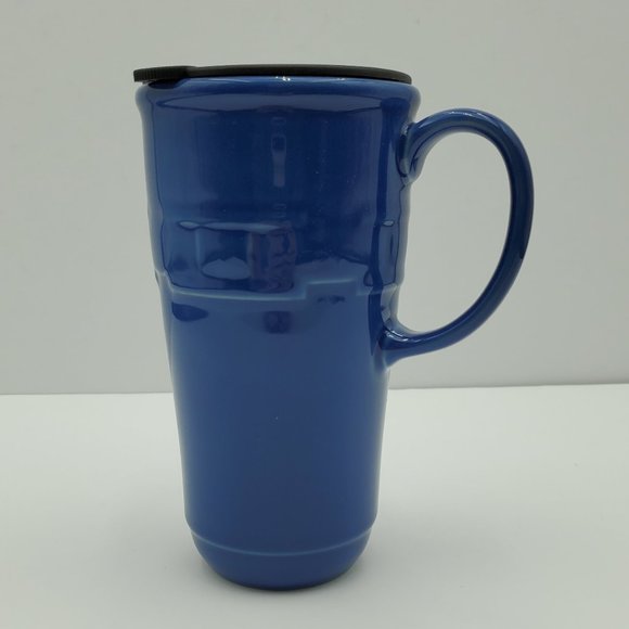Longaberger Woven Traditions Cornflower Blue Travel Mug Tall Coffee Mug with Lid - Picture 1 of 8